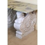 A LARGE VARIEGATED GREEN MARBLE SIDE OR CONSOLE TABLE OF RECENT MANUFACTURE