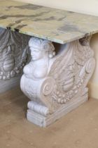 A LARGE VARIEGATED GREEN MARBLE SIDE OR CONSOLE TABLE OF RECENT MANUFACTURE