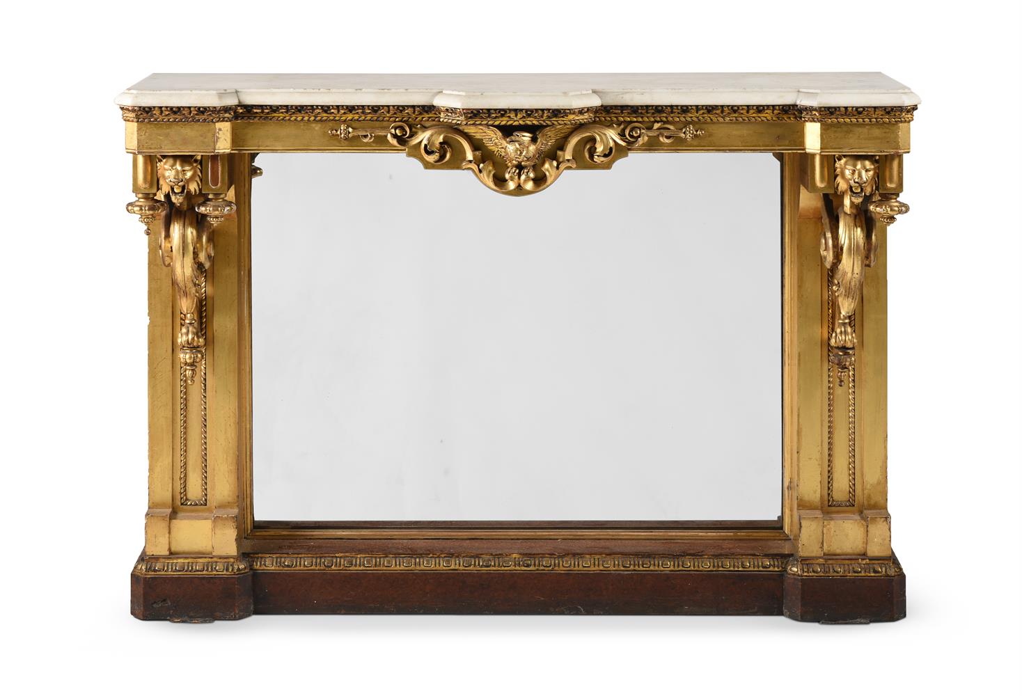 A VICTORIAN GILTWOOD AND AMBOYNA CONSOLE TABLELATE 19TH CENTURY
