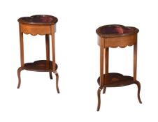 A PAIR OF EDWARDIAN MAHOGANY, SATINWOOD AND INLAID 'SHAMROCK' OR HEART SHAPED BIJOUTERIE TABLES