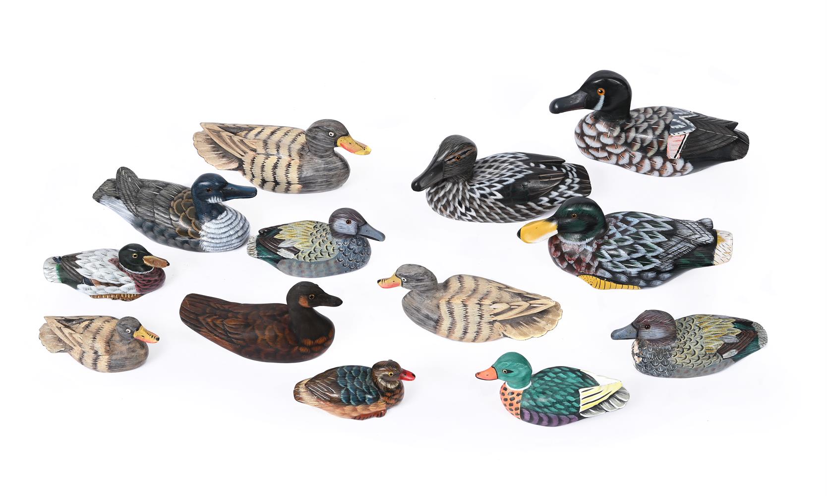 A COLLECTION OF APPROXIMATELY TWELVE CARVED AND PAINTED WOOD MODELS OF DUCKS