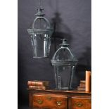 A PAIR OF COPPERED VERDIGRIS METAL AND GLASS LANTERNS OF RECENT MANUFACTURE