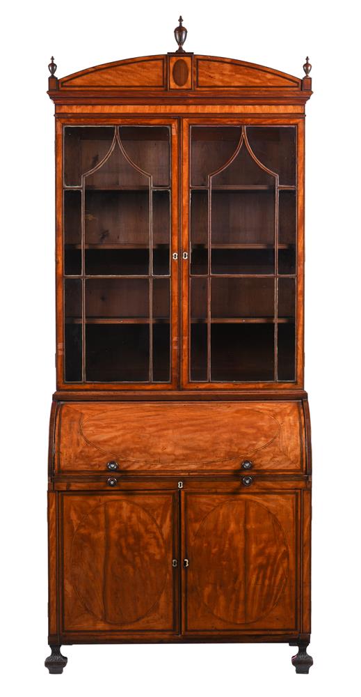 Y A GEORGE III SATINWOOD AND INLAID CYLINDER BUREAU BOOKCASE, CIRCA 1800