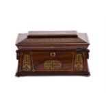 Y A WILLIAM IV ROSEWOOD AND BRASS INLAID TEA CADDY