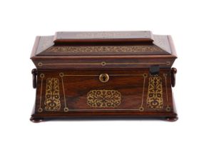 Y A WILLIAM IV ROSEWOOD AND BRASS INLAID TEA CADDY