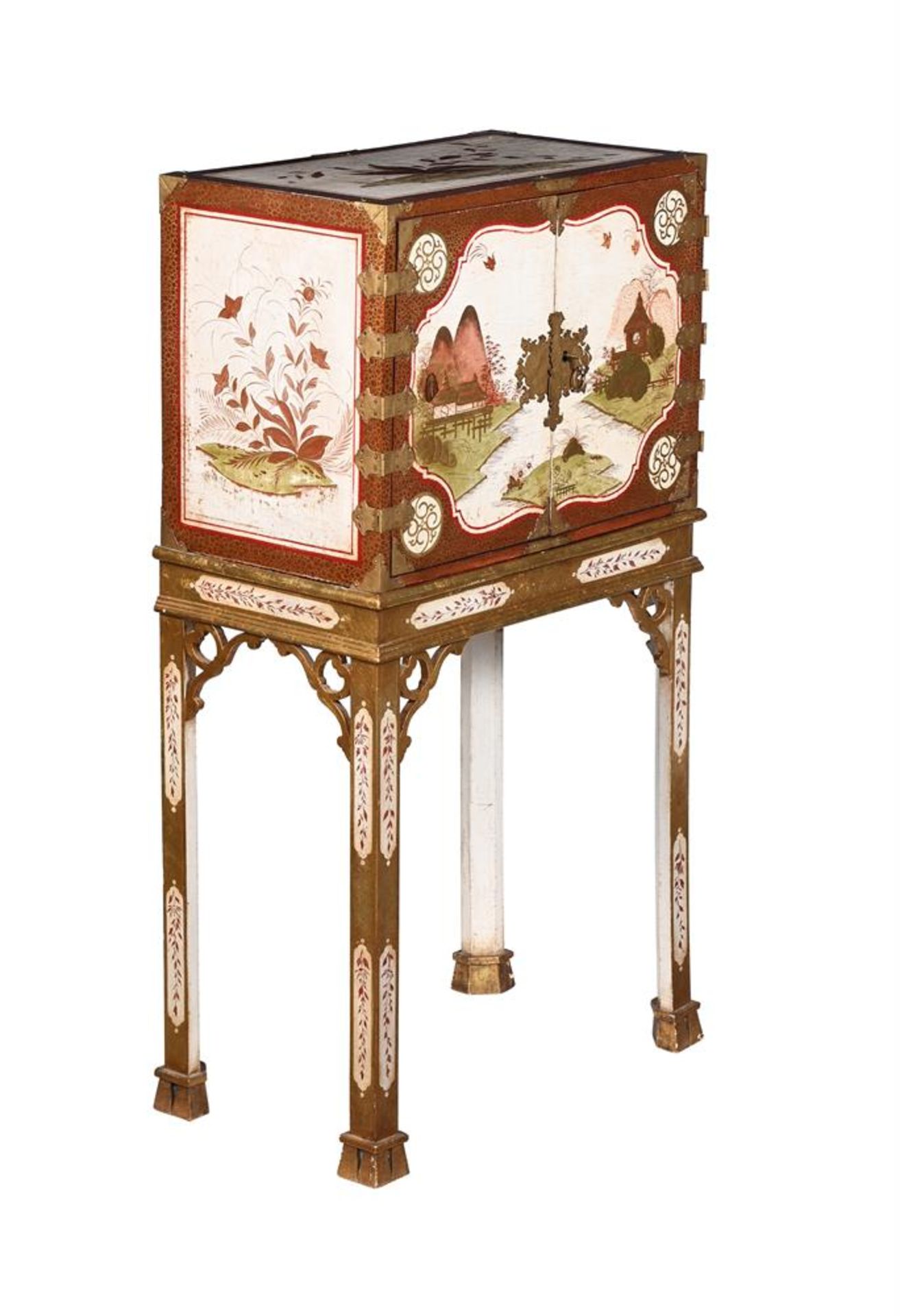 A CHINESE EXPORT LACQUER AND POLYCHROME DECORATED CABINET ON STAND, 19TH OR 20TH CENTURY