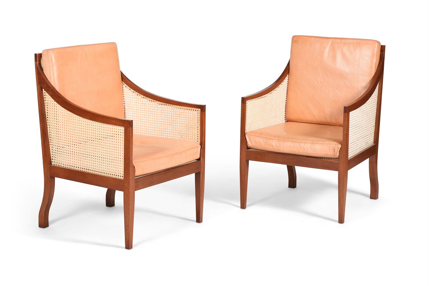 A PAIR OF MAHOGANY BERGERE ARMCHAIRS, IN REGENCY STYLE, OF RECENT MANUFACTURE