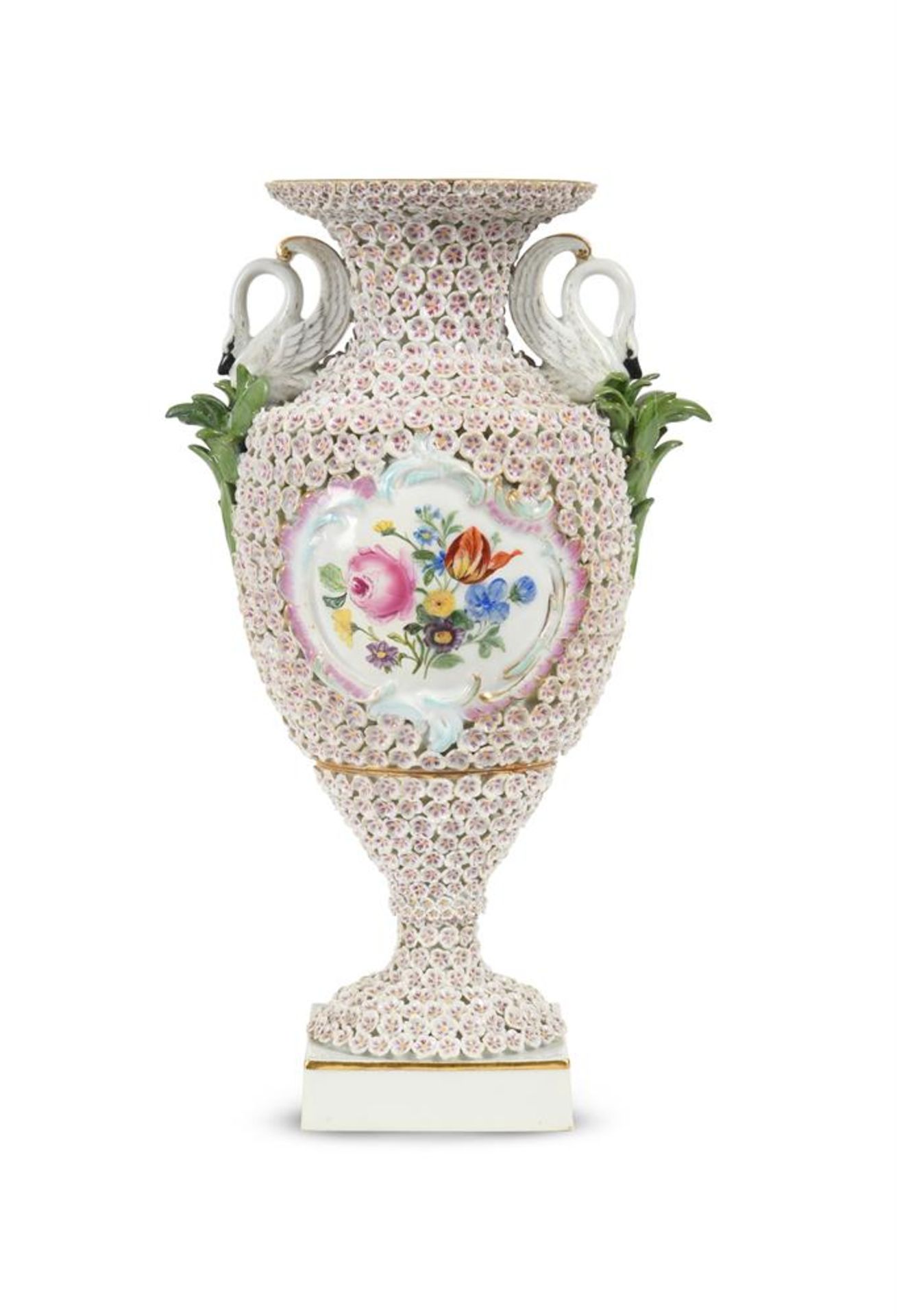 A PAIR OF DRESDEN PORCELAIN 'MAYFLOWER' ENCRUSTED VASES LATE 19TH CENTURY Almost certainly outside - Image 2 of 3