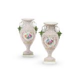 A PAIR OF DRESDEN PORCELAIN 'MAYFLOWER' ENCRUSTED VASES LATE 19TH CENTURY Almost certainly outside
