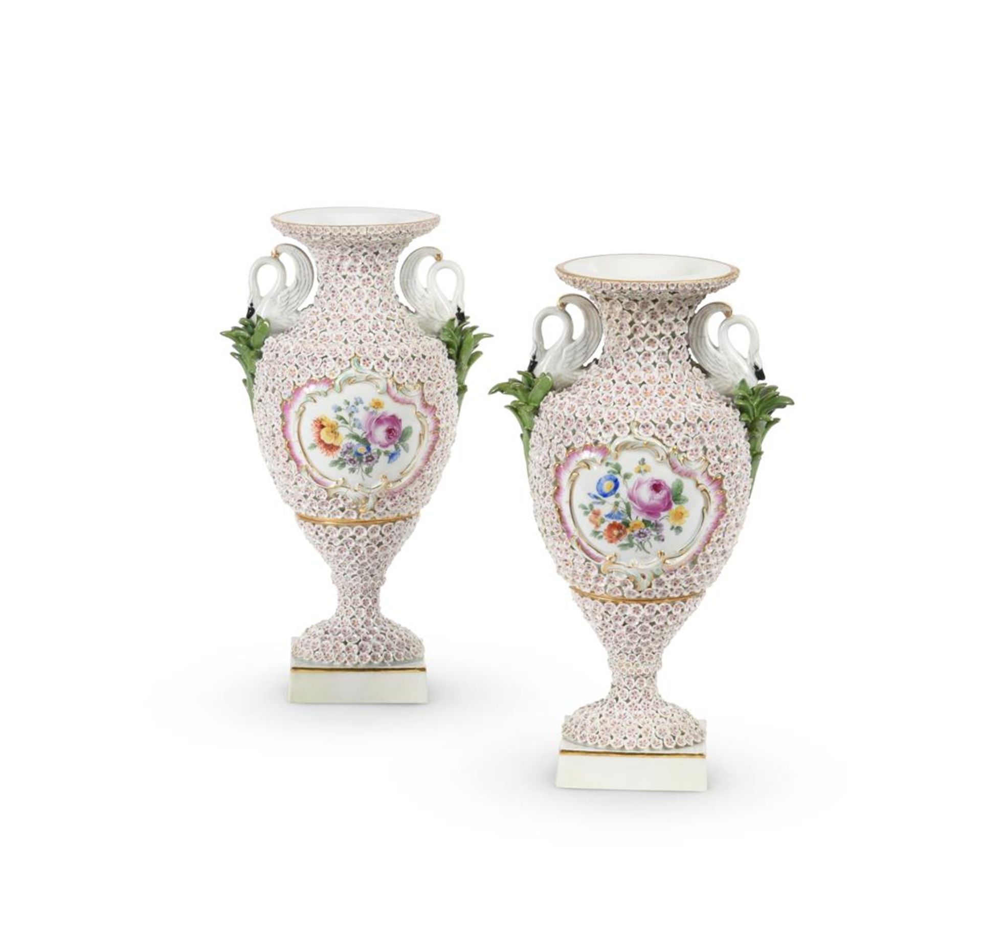 A PAIR OF DRESDEN PORCELAIN 'MAYFLOWER' ENCRUSTED VASES LATE 19TH CENTURY Almost certainly outside