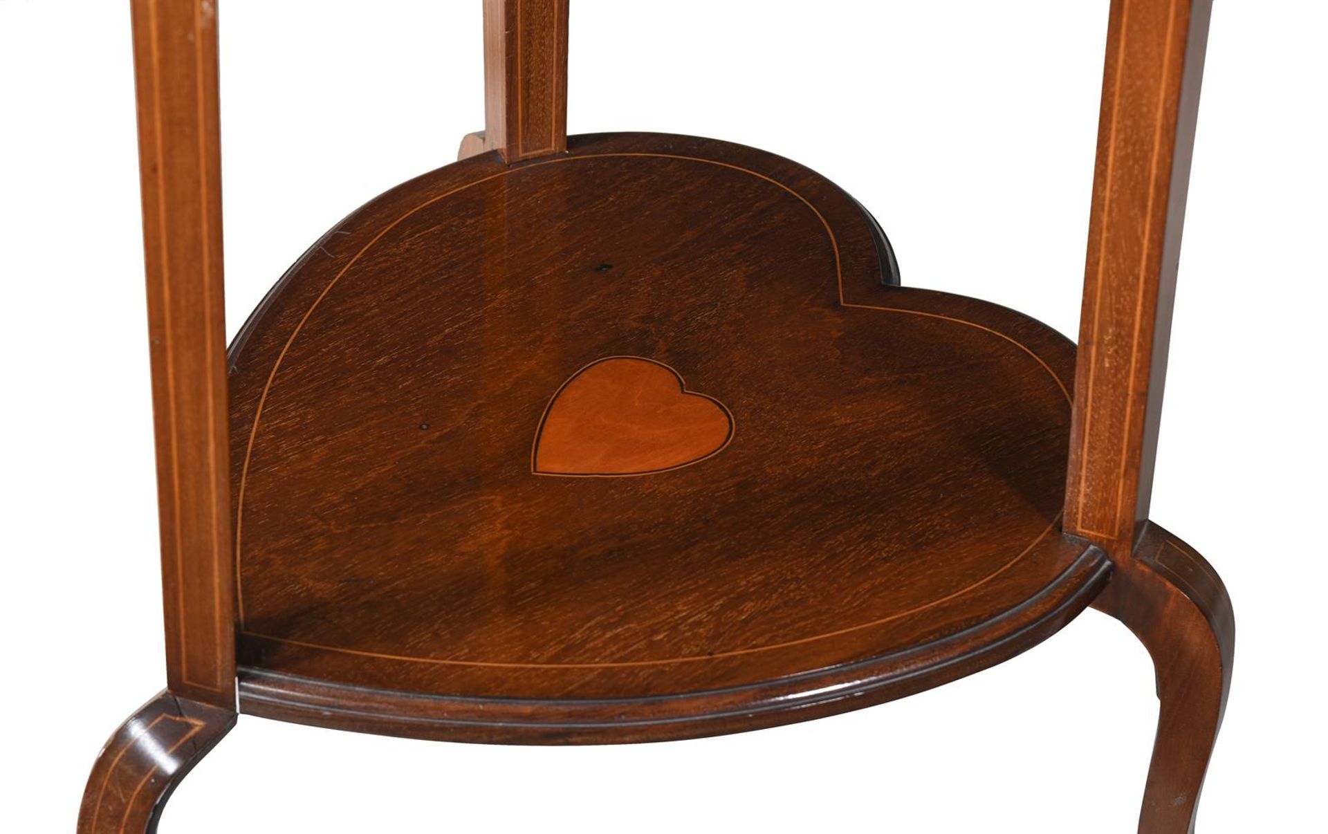 A PAIR OF EDWARDIAN MAHOGANY, SATINWOOD AND INLAID 'SHAMROCK' OR HEART SHAPED BIJOUTERIE TABLES - Image 3 of 3