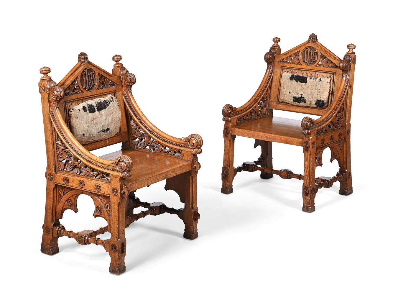 A PAIR OF VICTORIAN GOTHIC REVIVAL CARVED OAK THRONE CHAIRS, IN ECCLESIASTICAL TASTE - Image 2 of 3