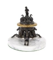 A FRENCH BRONZE AND GILT BRONZE INKWELL, 19TH CENTURY