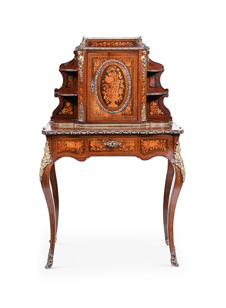 A FRENCH WALNUT AND MARQUETRY INLAID BONHEUR DU JOUR IN LOUIS XVI STYLE, LATE 19TH CENTURY