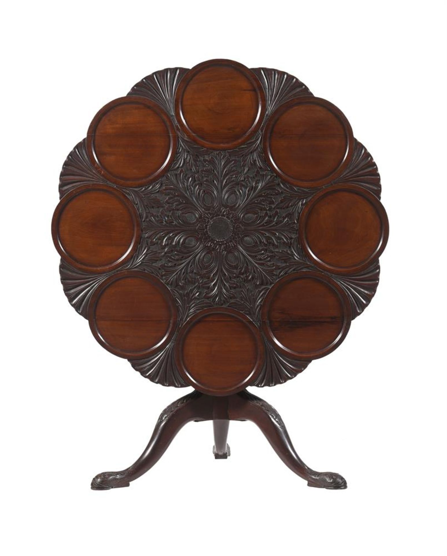 A CARVED MAHOGANY SUPPER TRIPOD TABLE, IN GEORGE II IRISH STYLE