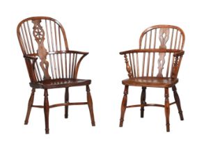 A YEW, BURR YEW AND ELM WINDSOR ARMCHAIR, BY F. WALKER, ROCKLEY AND ANOTHER