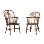 A YEW, BURR YEW AND ELM WINDSOR ARMCHAIR, BY F. WALKER, ROCKLEY AND ANOTHER