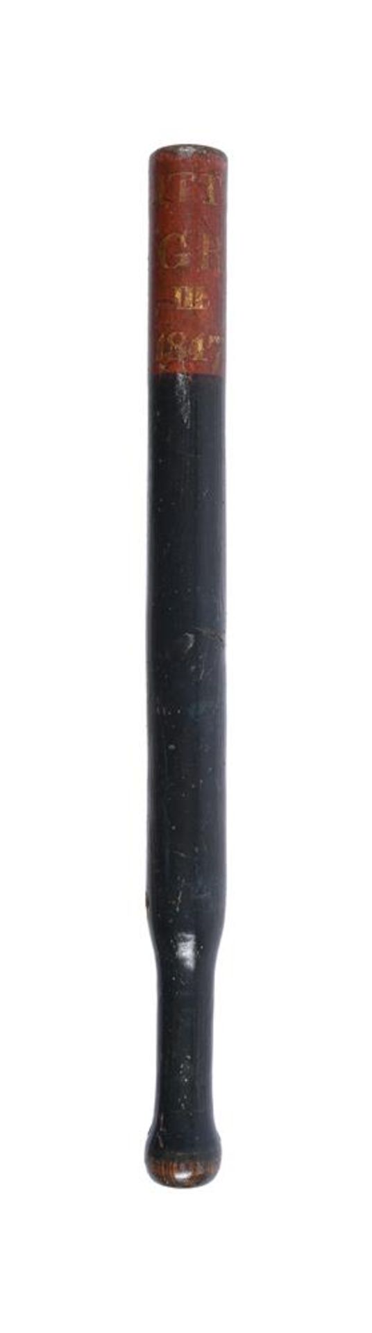 A LATE GEORGE III PAINTED WOOD TRUNCHEON