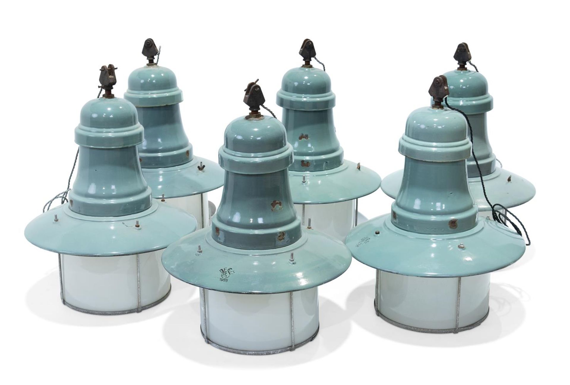 A SET OF SIX INDUSTRIAL ENAMEL PENDANT LIGHTS, HUNGARY, DATED 1954 AND STAMPED BFEM, B1