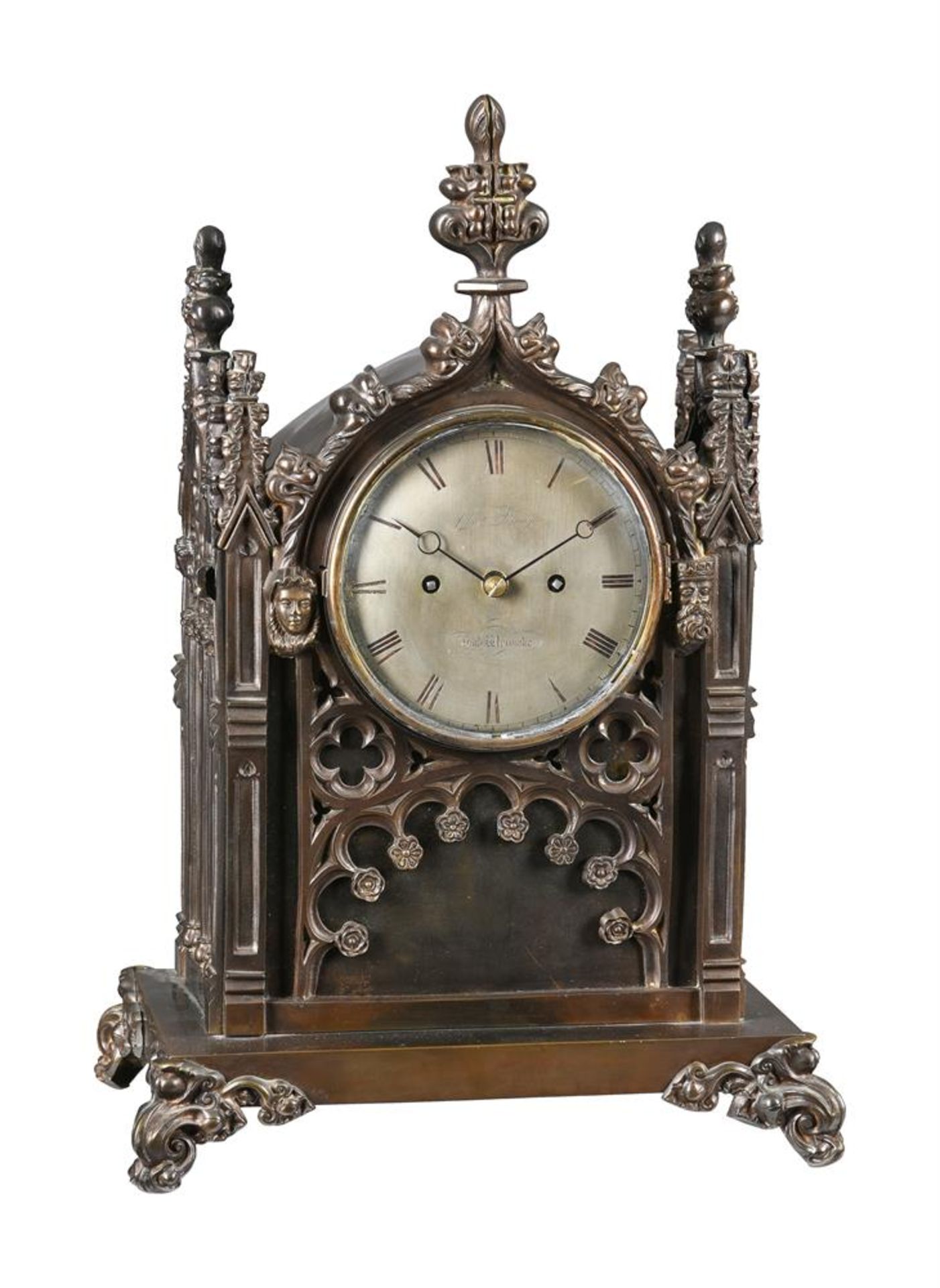 A WILLIAM IV/EARLY VICTORIAN PATINATED BRONZE GOTHIC REVIVAL BRACKET CLOCK