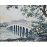 A CHINESE FRAMED GOUACHE PAINTING OF A BRIDGE, 20TH CENTURY