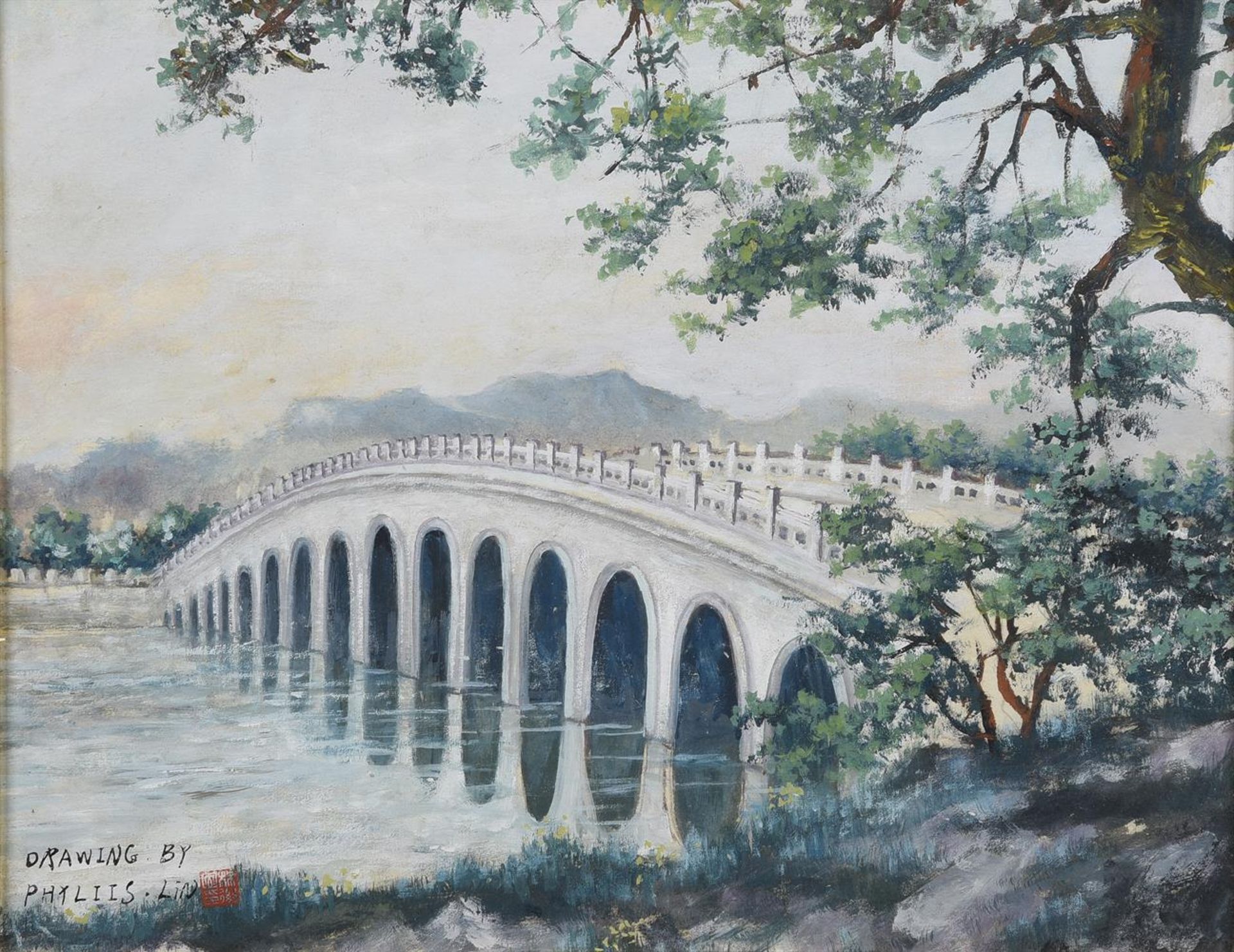 A CHINESE FRAMED GOUACHE PAINTING OF A BRIDGE, 20TH CENTURY