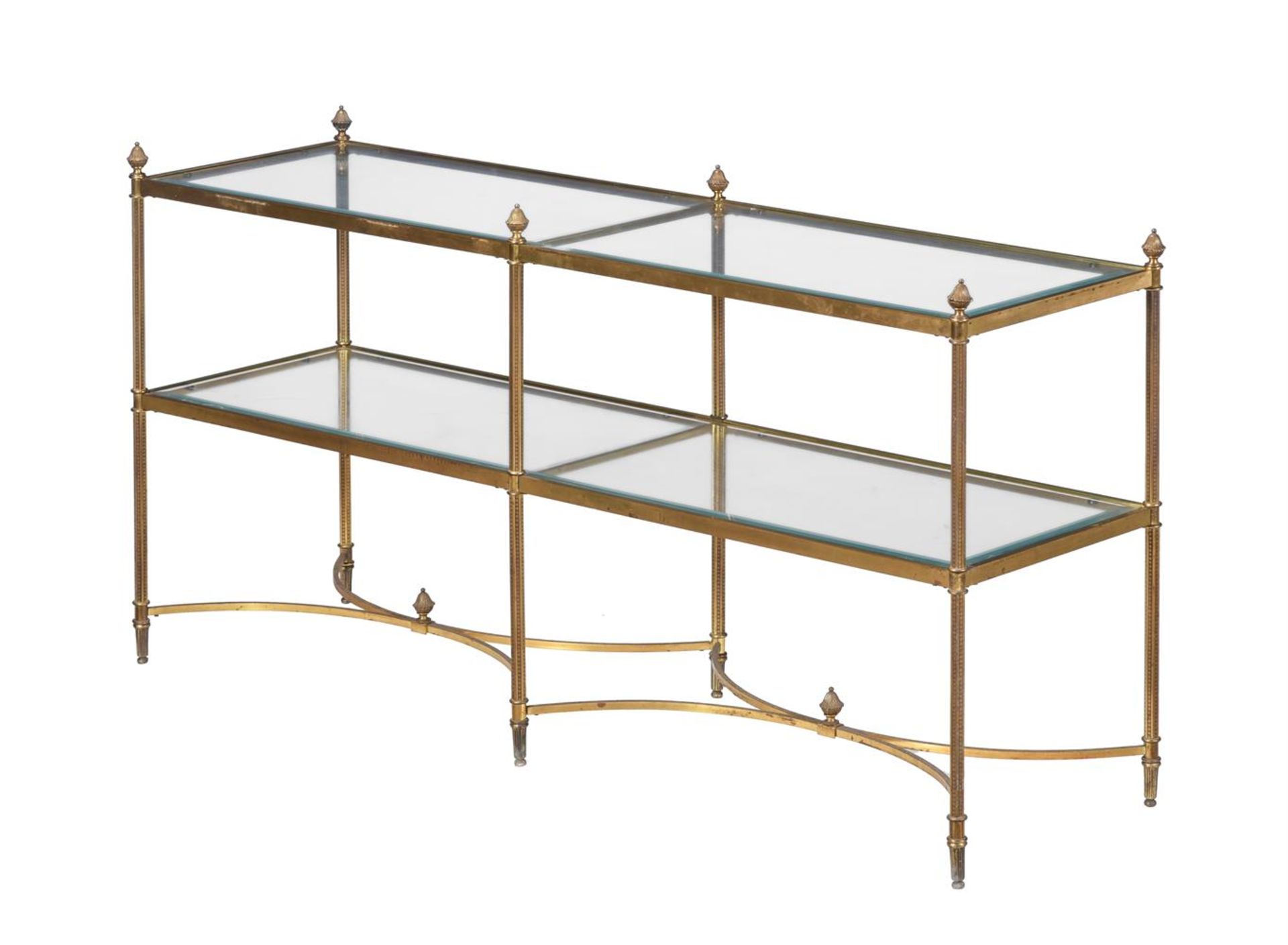 A GILT BRASS AND GLASS TWO TIER SIDE TABLE OR ETAGERE