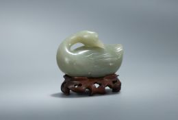 A Chinese celadon jade model of a goose