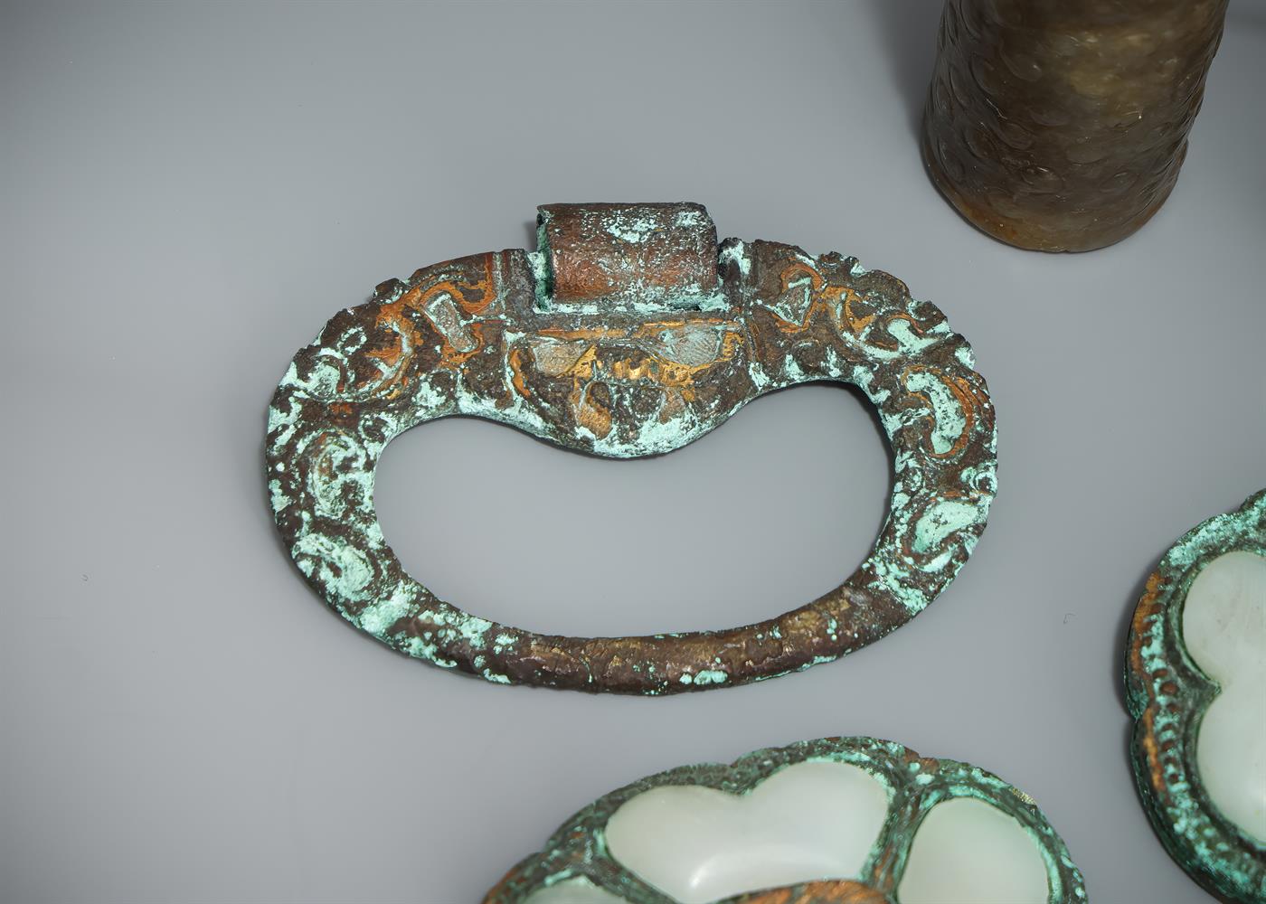 A Chinese celadon and brown jade cylindrical toggle - Image 3 of 4