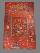 A very large Chinese red silk wall 'celebration' panel
