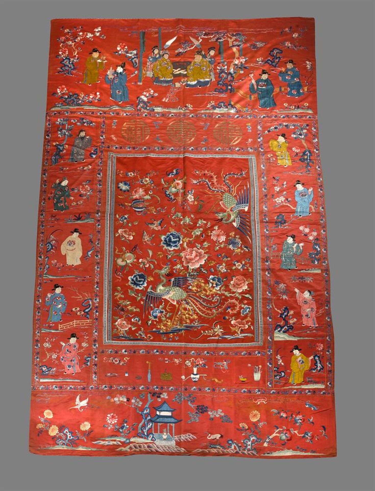 A very large Chinese red silk wall 'celebration' panel