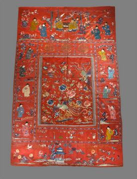 A very large Chinese red silk wall 'celebration' panel