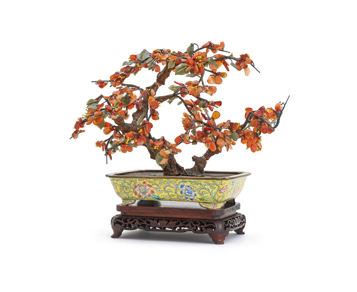 An attractive Chinese Canton enamel jardinière with hardstone tree