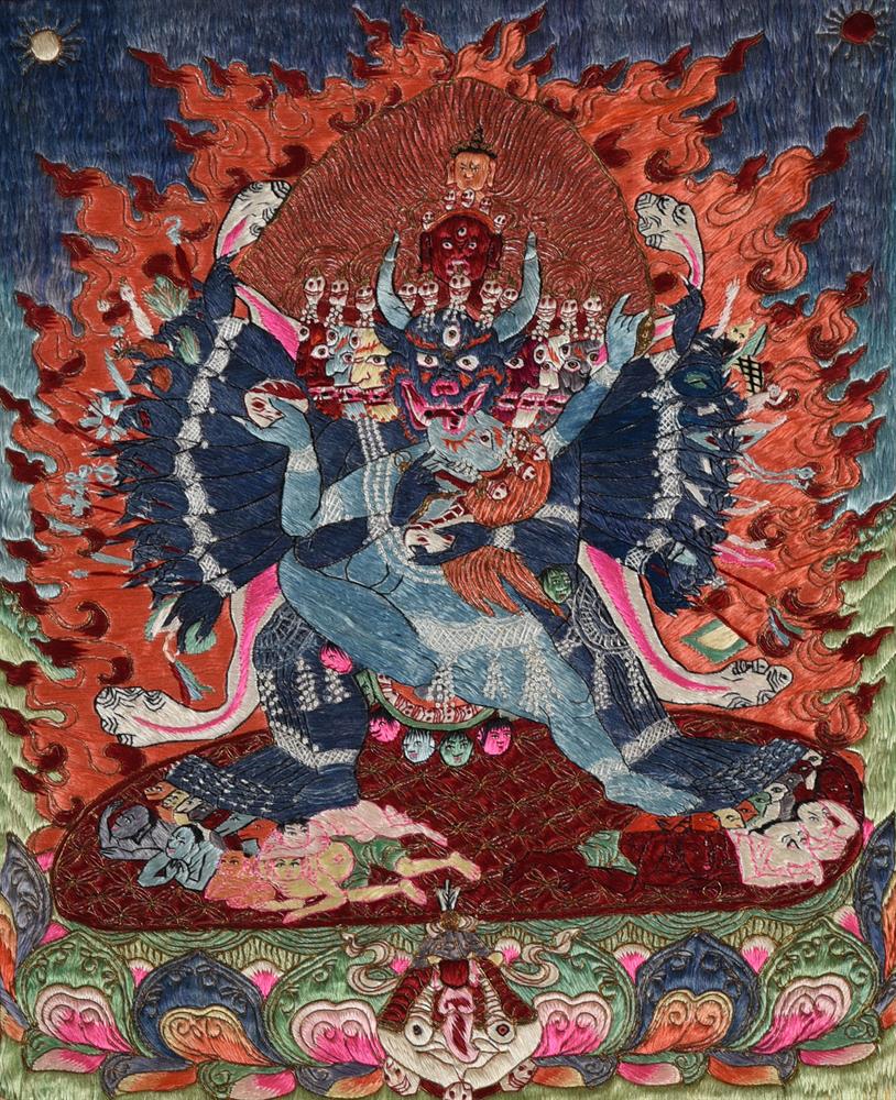 A Tibetan embroidered silk Thang-ka depicting Vajrabhairava