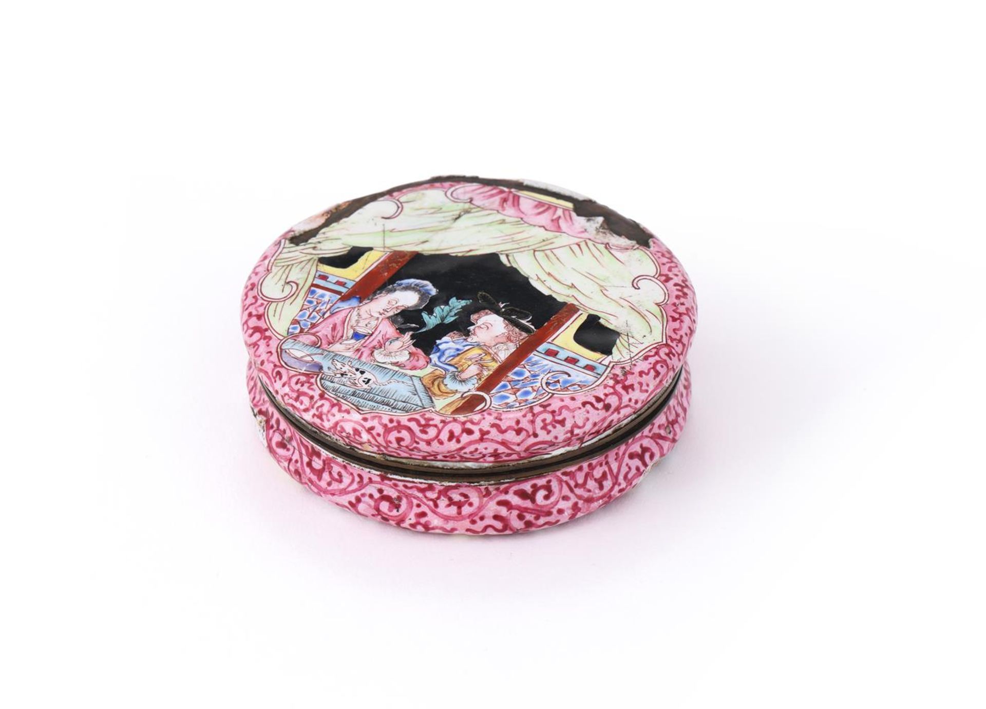 A Chinese canton enamel 'European subject' circular snuff box and cover