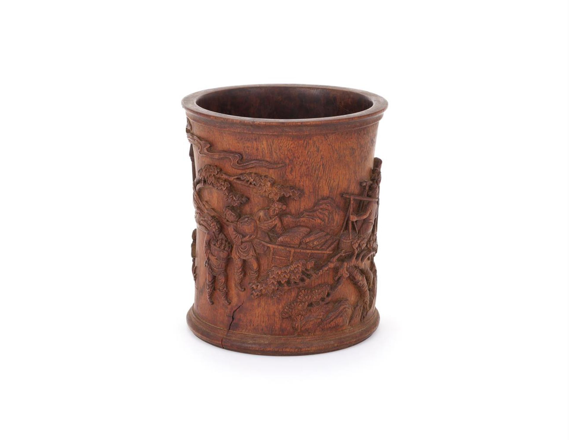 A Chinese carved huanghuali brush pot