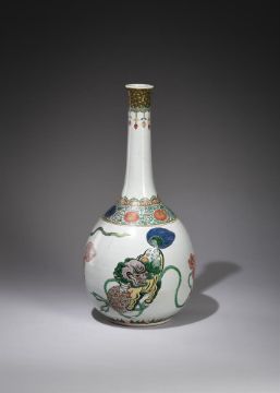 A large Chinese Famille Verte 'Buddhist lions' bottle vase
