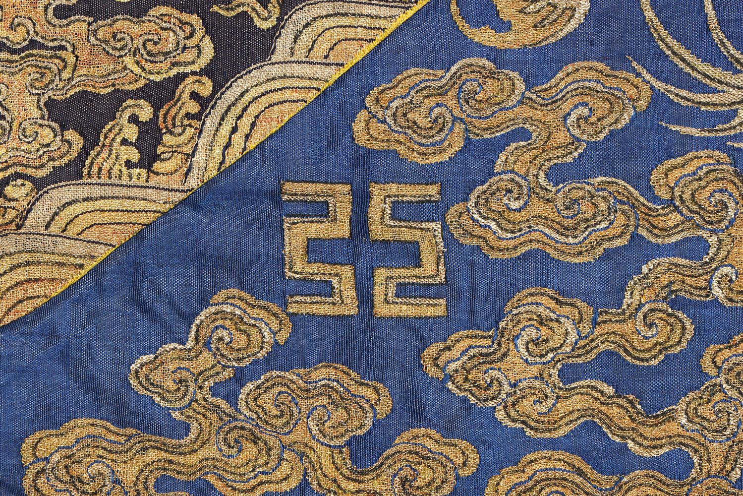 A rare Imperial 'twelve symbol' blue silk dragon robe - Image 11 of 37