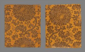 Two rare Chinese silk orange-yellow brocade 'Lotus' flower panels