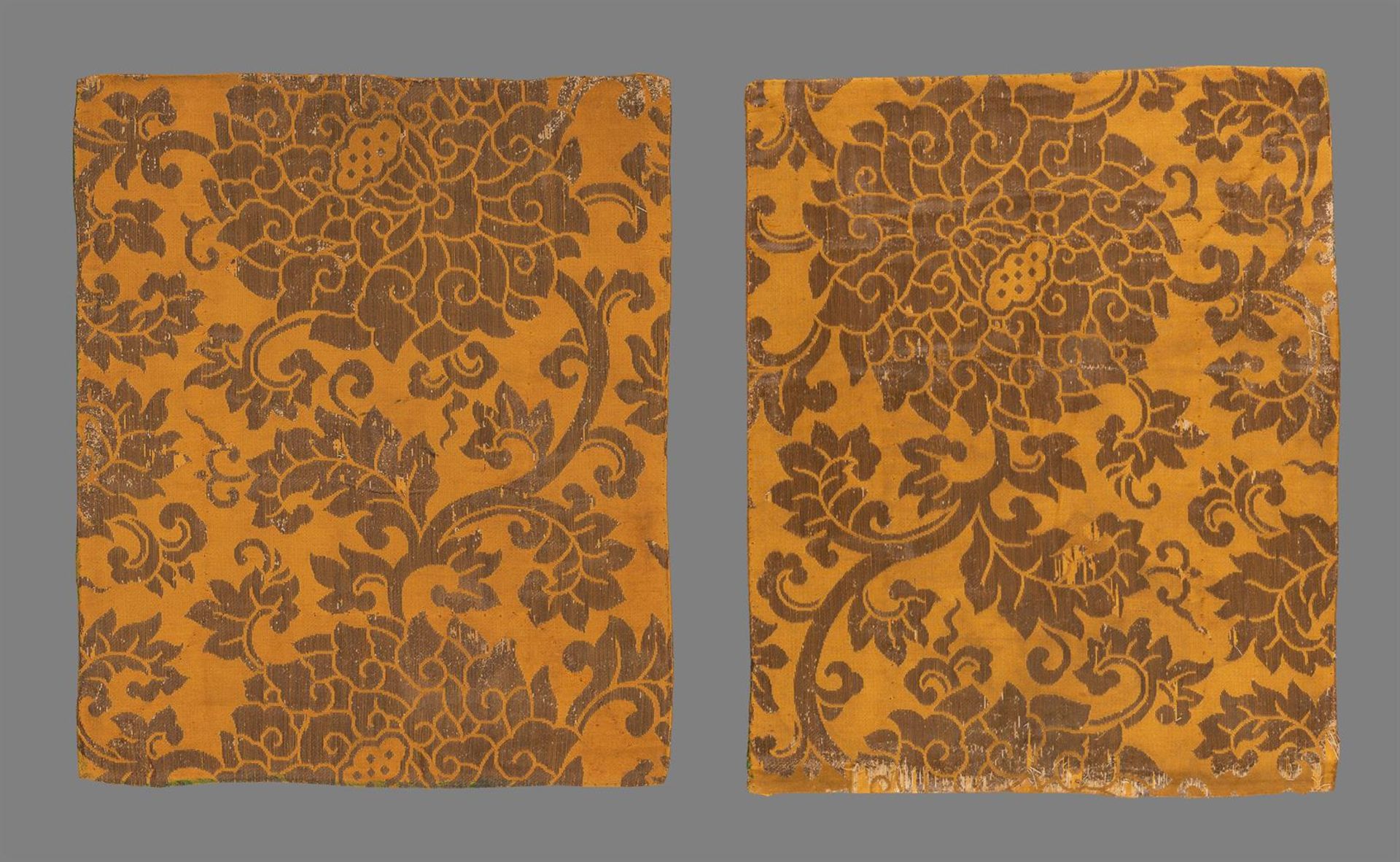 Two rare Chinese silk orange-yellow brocade 'Lotus' flower panels
