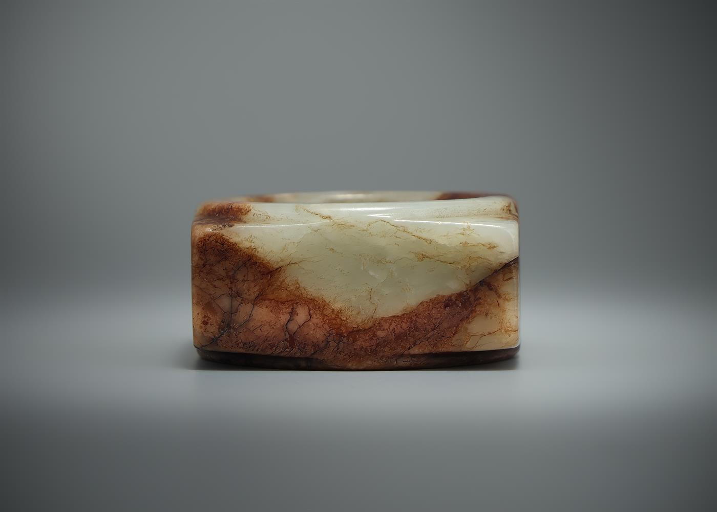 An attractive Chinese small brown and celadon jade Cong - Image 3 of 3