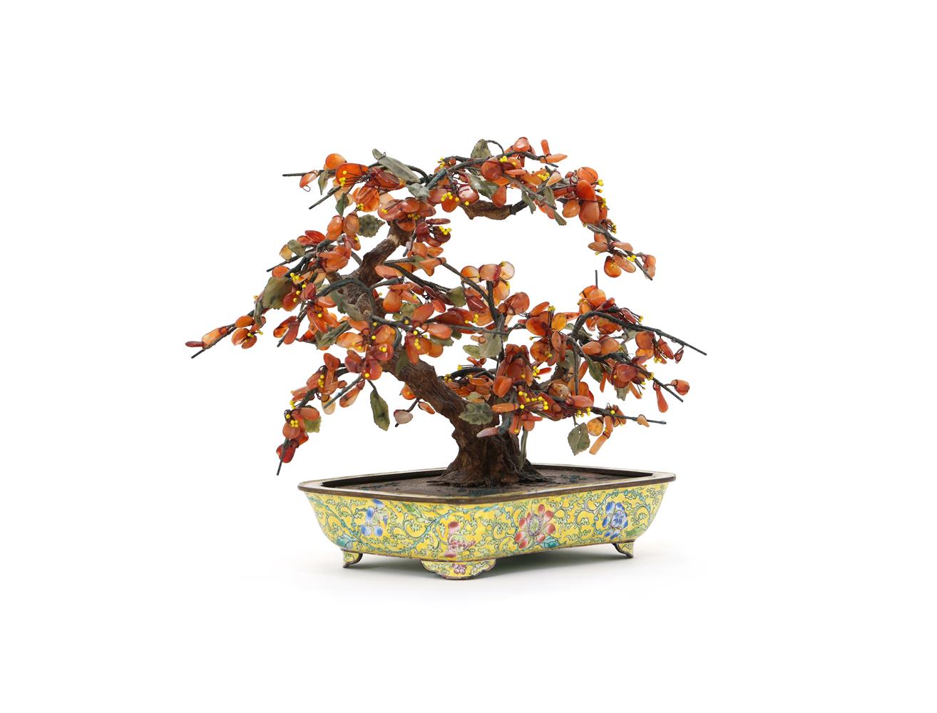 An attractive Chinese Canton enamel jardinière with hardstone tree - Image 3 of 4