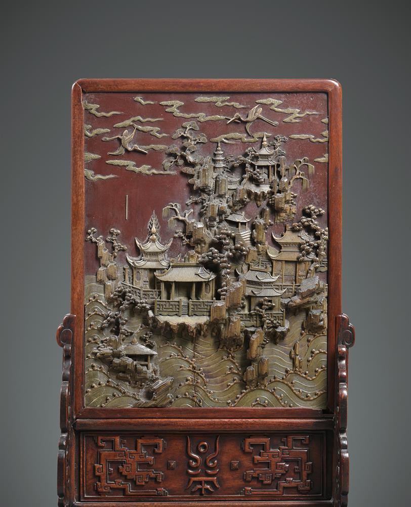 A Chinese Qiyang soapstone 'landscape' table screen - Image 3 of 4