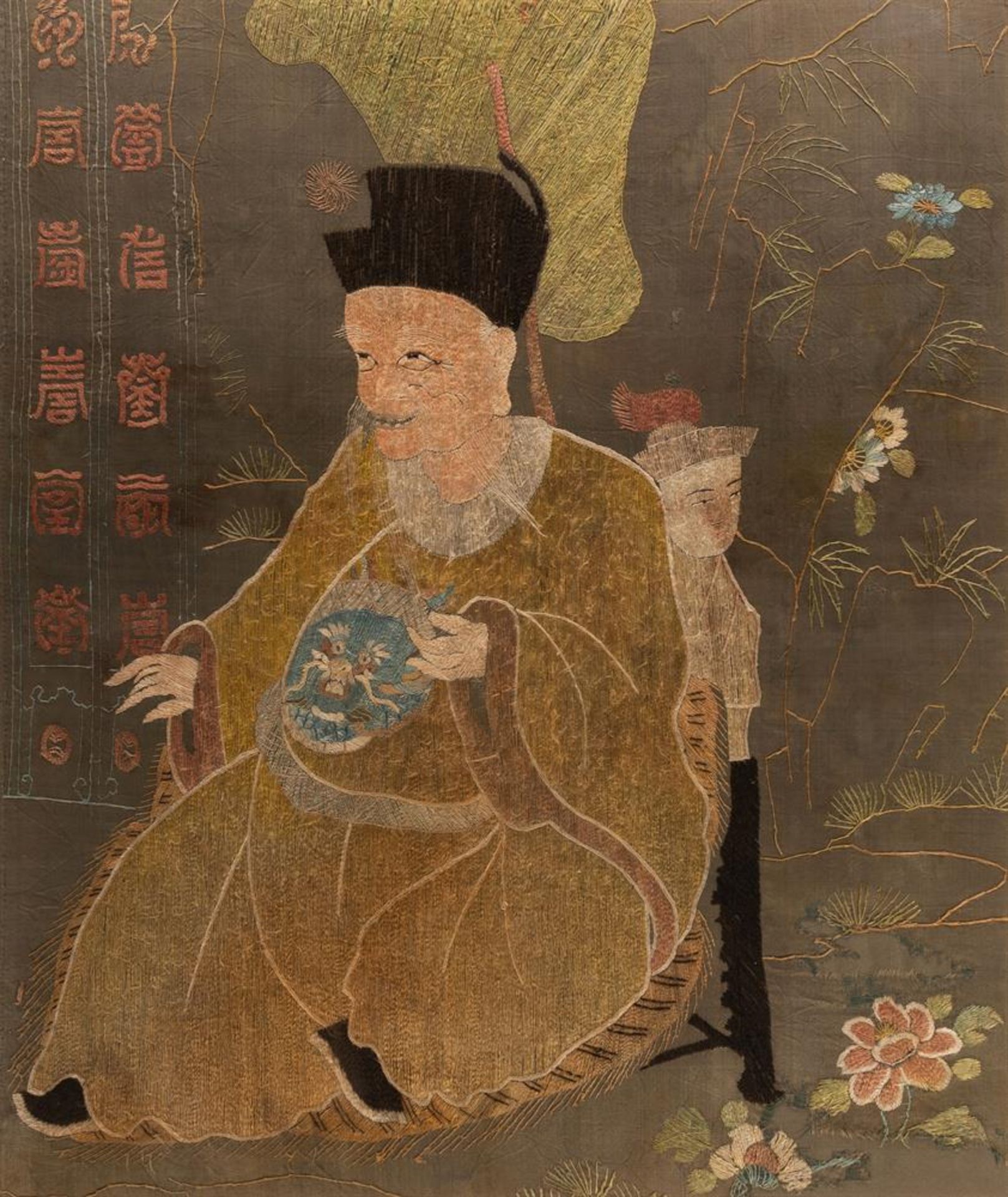 A Chinese embroidered silk depicting a Scholar