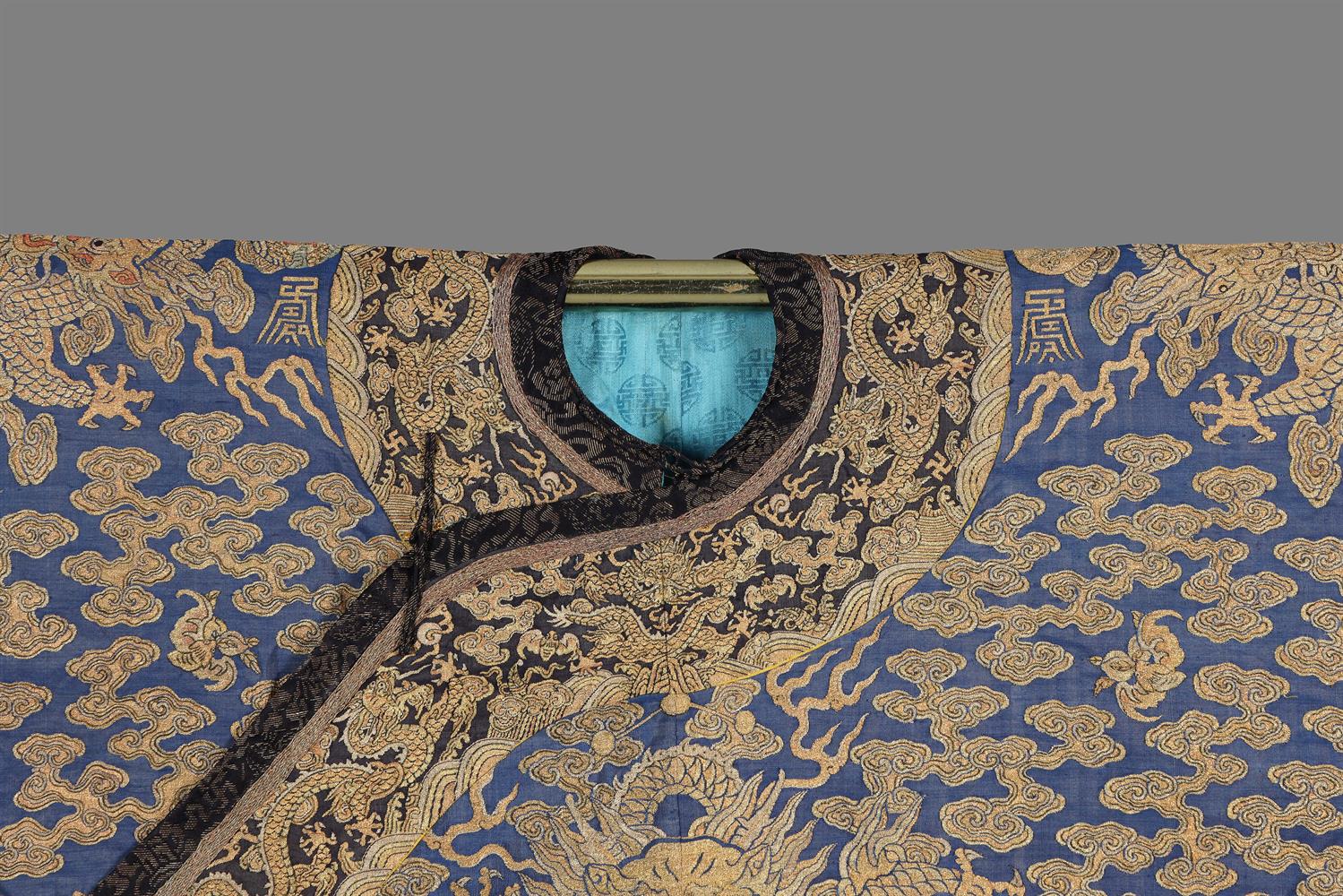 A rare Imperial 'twelve symbol' blue silk dragon robe - Image 7 of 37