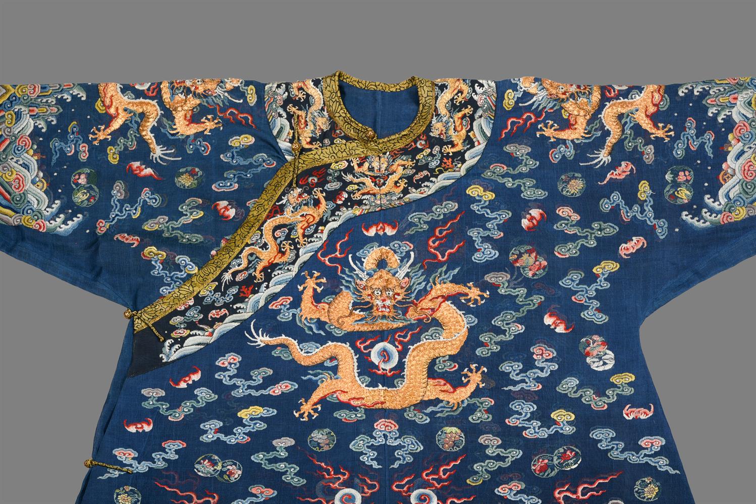 A fine Chinese five-colour cloud blue-ground summer gauze 'Dragon' robe - Image 4 of 13
