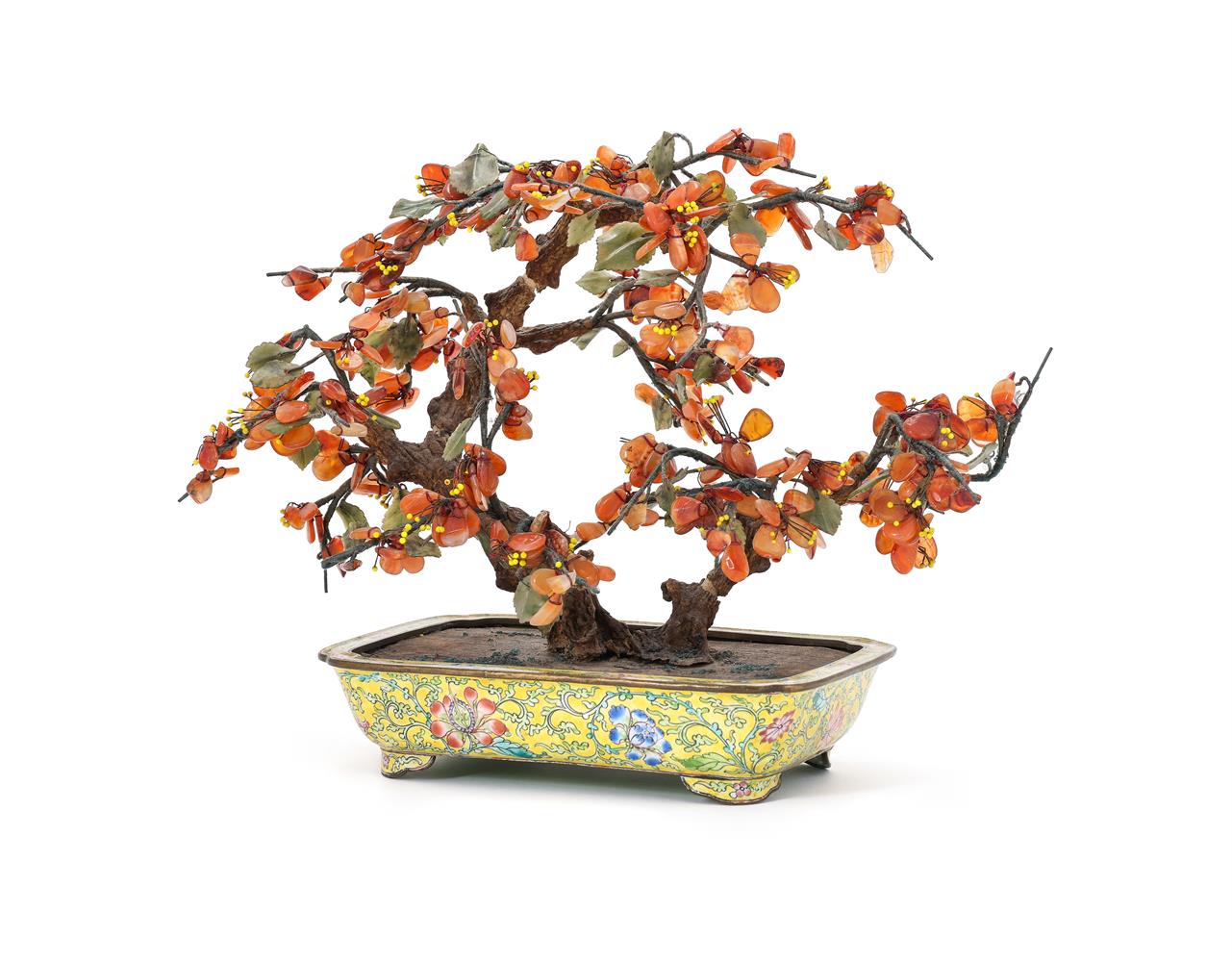 An attractive Chinese Canton enamel jardinière with hardstone tree - Image 4 of 4