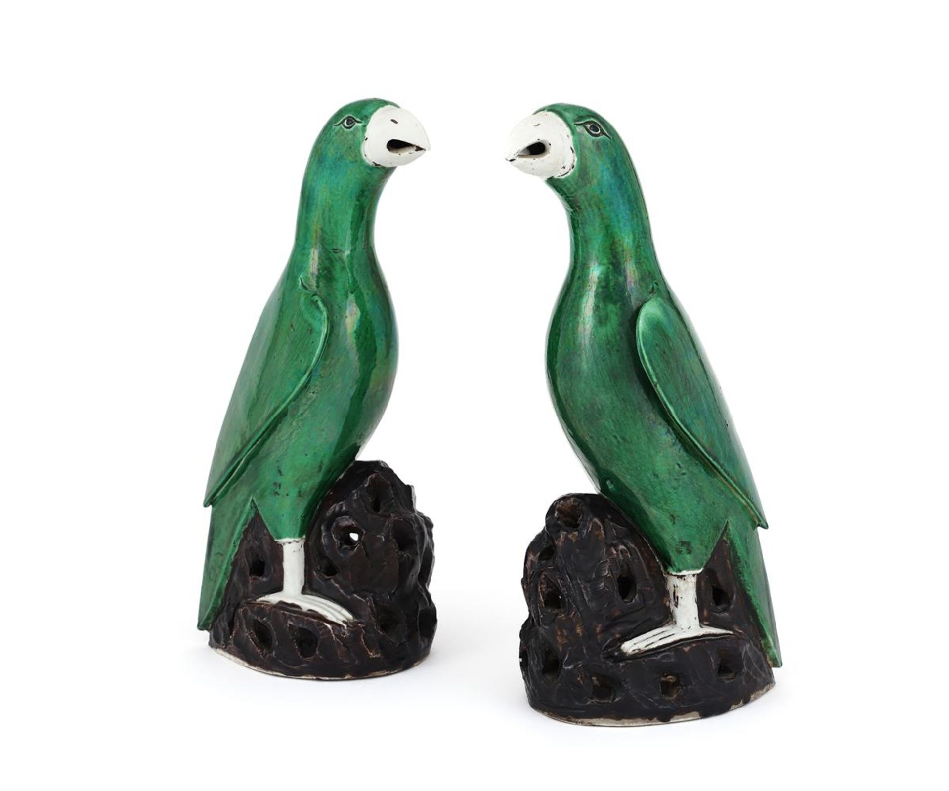 A large pair of Chinese biscuit green-glazed parrots - Image 3 of 4