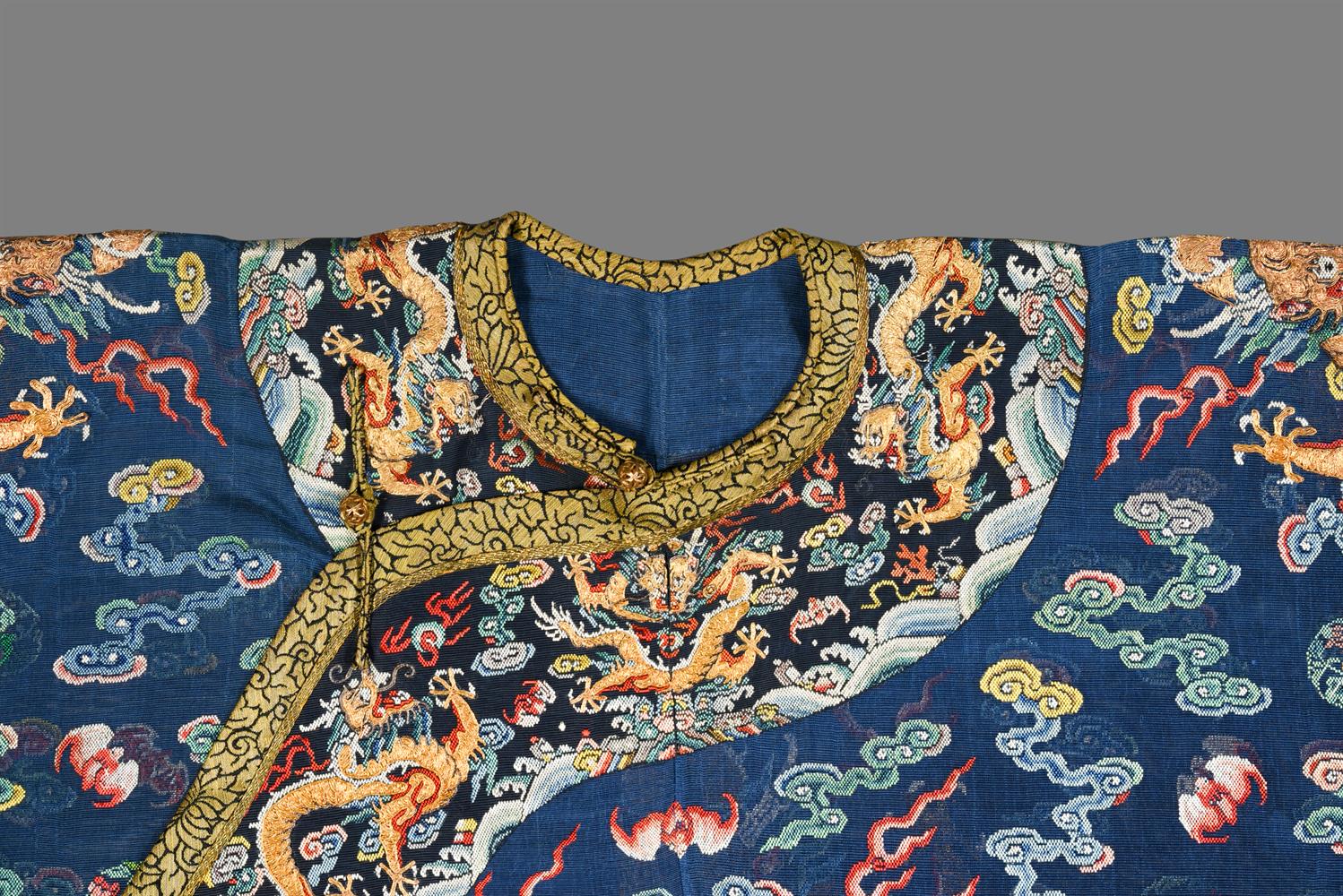 A fine Chinese five-colour cloud blue-ground summer gauze 'Dragon' robe - Image 7 of 13