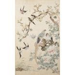 A Chinese Canton embroidered 'Birds and flowers' panel